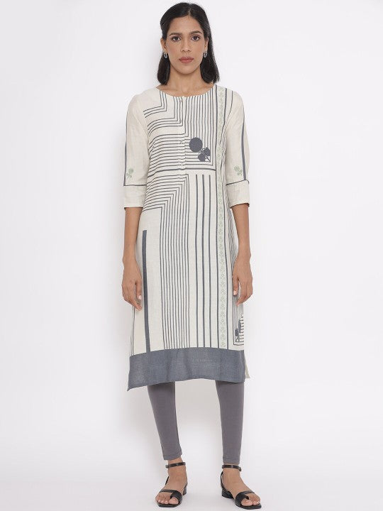 W Women White & Grey Striped A-Line Kurta