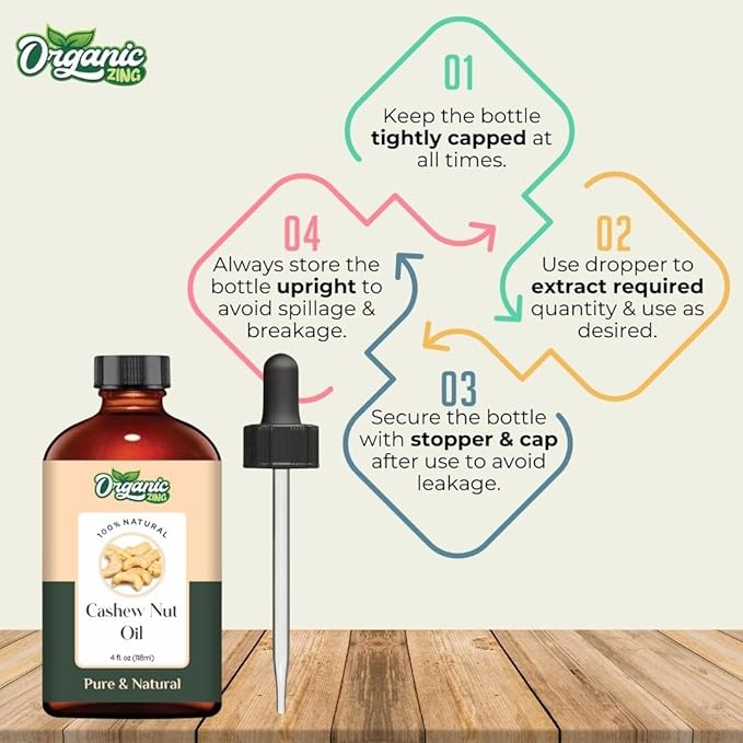 Organic Zing Cashew Nut (Anacardium Occidentale) Oil | Carrier Oil for Skincare, Hair Care and Massage - 118 Ml