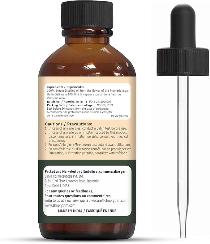 Organic Zing Frangipani (Plumeria Alba) Oil | Essential Oil for Skincare, Massage, Aroma & Diffuser - 30 Ml