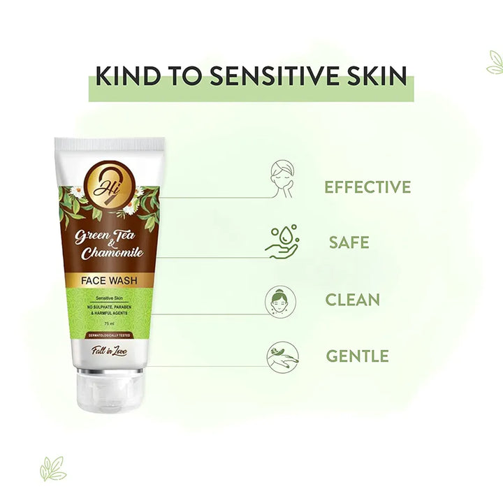 Hi9 Green Tea & Chamomile 75ML Brightening & Exfoliating Face Wash for Glowing Skin | Green Tea Face Wash for Oily Skin & Acne Control | Paraben-Free Face Cleanser for Men & Women