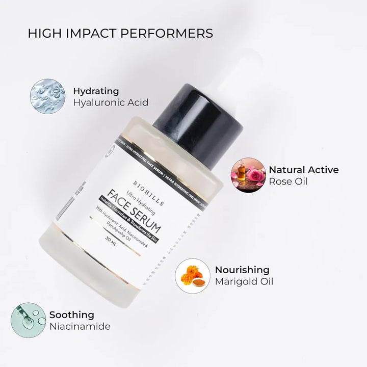 Biohills Ultra Hydrating Face Serum | 30ml | Hyaluronic Acid, Niacinamide & Kewra for Deep Moisture & Skin Barrier Repair | Rose & Jasmine for Soothing & Radiance