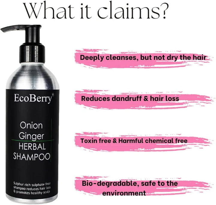 EcoBerry Onion Ginger Organic Herbal Shampoo With Red Onion & Ginger Extracts, Sulphate Free, Paraben Free, Chemical Free, Cruelty Free, Preservative Free, Vegan