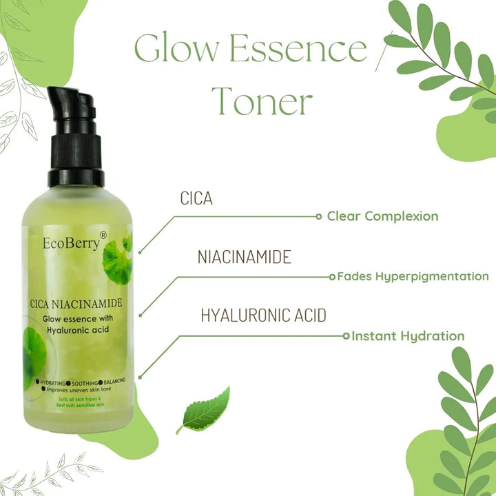 EcoBerry Centella Asiatica  Niacinamide Glow Essence With Hyaluronic Acid, Oil Free Essence, Moisturizer, Anti-Aging, Brightens Skin, Natural & Handmade, Chemical Free, Paraben Free, Vegan