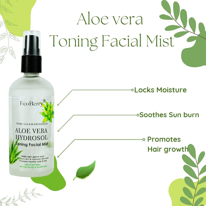 EcoBerry Pure Steam Distilled Aloe Vera Hydrosol Toning Facial Mist Soothes Skin, Sun Burn, Anti-Ageing, Promotes Hair growth, Reduces Dandruff, Natural, Handmade, Chemical Free, Paraben Free, Vegan