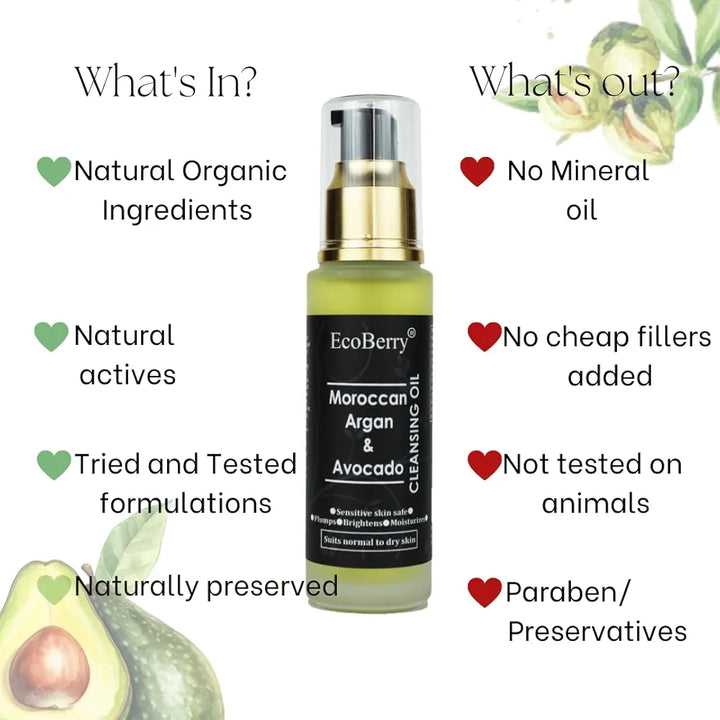EcoBerry Moroccan Argan & Avocado Cleansing Oil For Oily Skin, Boosts Hydration, Increases Collagen Production, Improves Elasticity, Reduce Wrinkles, Vegan