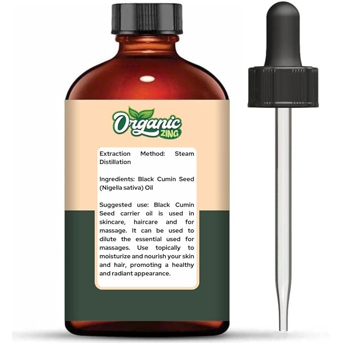 Organic Zing Black Cumin Seed Essential Oil for Skin, Face, Hair Care, Shampoo, Aromatherapy - 118 Ml