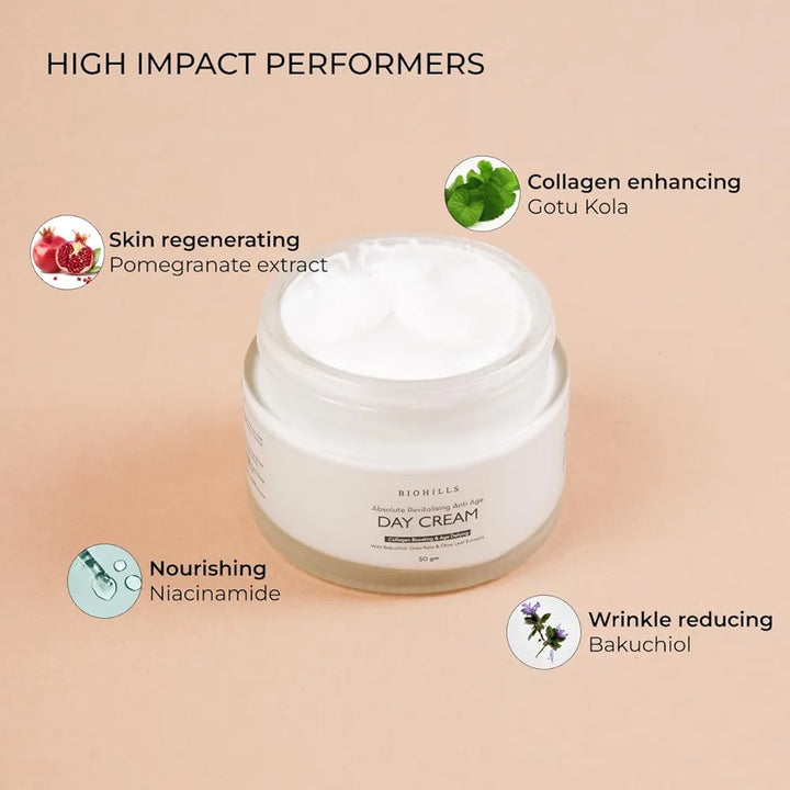 Biohills Absolute Revitalising Anti-Age Day Cream 50gm | Bakuchiol, Niacinamide & Gotu Kola for Anti-Wrinkle & Firming | Olive Leaf, Wheat Germ & Sweet Almond Oil for Deep Hydration & Collagen Boost