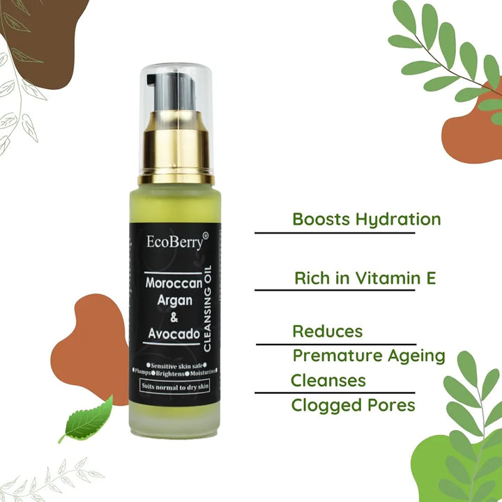 EcoBerry Moroccan Argan & Avocado Cleansing Oil For Oily Skin, Boosts Hydration, Increases Collagen Production, Improves Elasticity, Reduce Wrinkles, Vegan