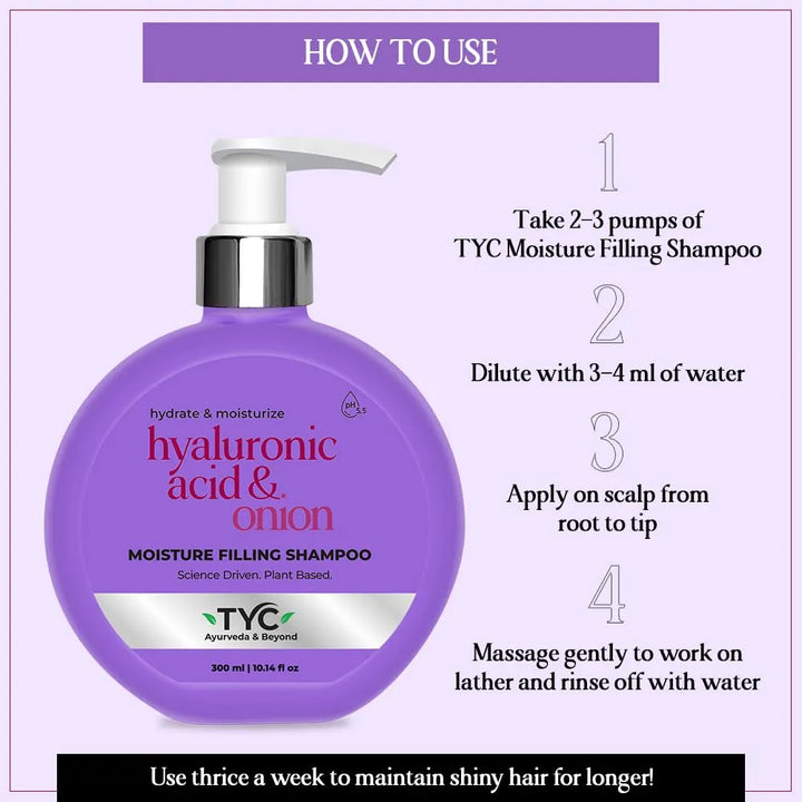 TYC - TRUST YOUR CHOICE Ayurvedic Moisture Filling Shampoo For Dry, Damaged Frizzy Curly Hair | Hyaluronic Acid And Onion | Sulphate And Paraben Free | 3-In-1 Shampoo With Conditioner | 300 Ml