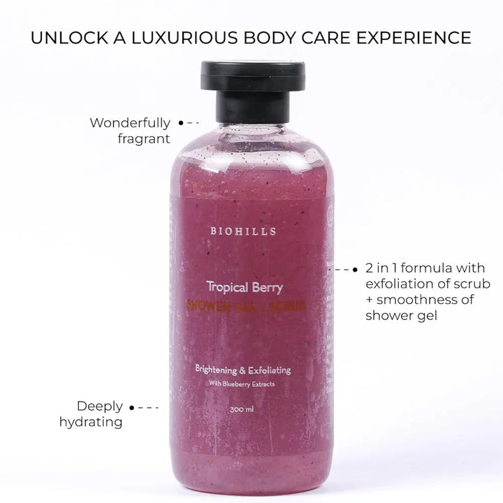 Biohills Tropical berry Shower Gel + Scrub | Nourishing Body Wash For Women & Men | 300ml | 2-in-1 Exfoliating & Hydrating Formula | Blueberry Extract For Soothing Skin | Luxurious Fragrance & Deep Cleansing