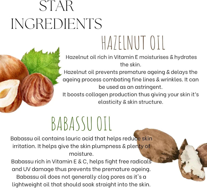 EcoBerry Hazelnut & Babassu Cleansing Oil For Dry Skin, Astringent, Increases Collagen production, Protects Against UV, Non-greasy, Natural & Handmade, Mineral Oil Free, Preservative Free, Vegan