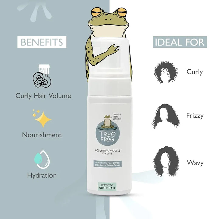TRue FRoG Volumizing Hair Mousse For Curly, Wavy Hair With Marshmallow Root & Hibiscus Extracts, Vegan, Sulphate, Paraben & Silicone Free, 150 Ml, Pack of 1