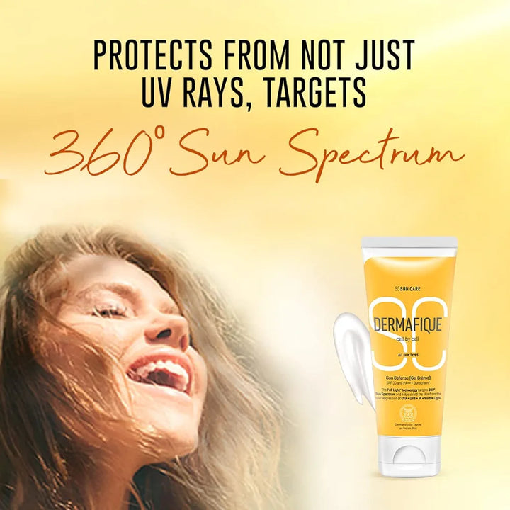 Dermafique Sun Defense Gel Crème, SPF 30, PA +++ Sunscreen 50g, for All Skin Types, 360 degree Sun Spectrum Protection, Prevents Tanning & Photoaging, Protects from UVA,UVB, IR & Visible Light, Dermatologist Tested on Indian Skin, for Men & Women