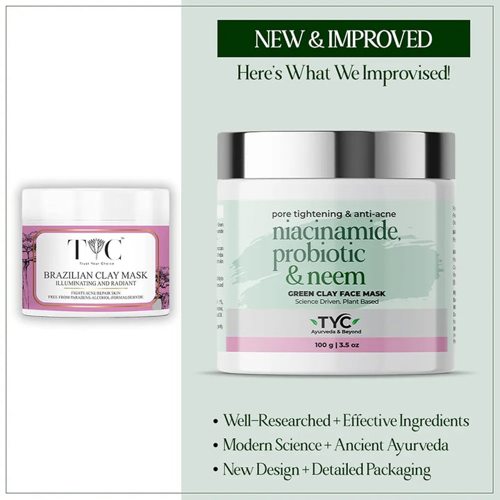 TYC Green Clay Face Mask With Niacinamide, Probiotics, Neem | Anti-Acne And Pore Cleansing Clay Mask For Oily, Acne-Prone Skin And Helps To Reduce Excess Oil | 100 gm Pack Of 1