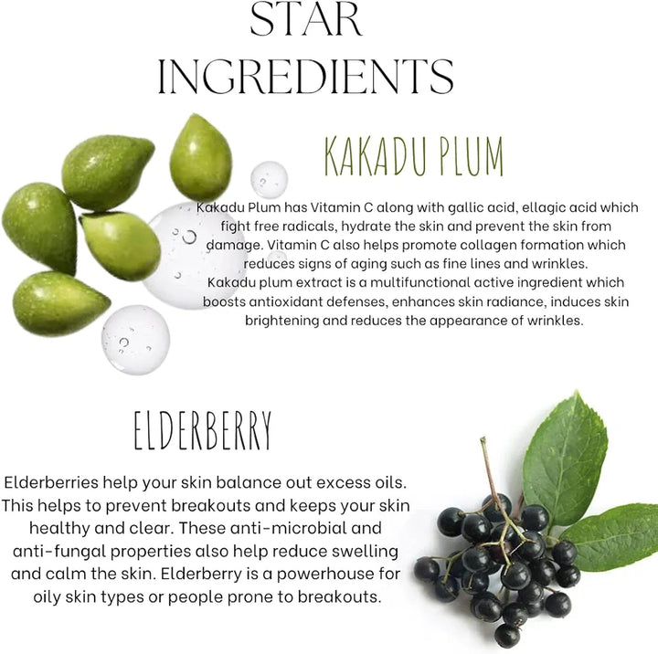 EcoBerry Kakadu Plum Elderberry Vitamin C Serum For Brightening & Glowing Skin, Natural Plant Based Vitamin C Formulation For Men & Women, Chemical Free, Preservative Free, Paraben Free, Vegan