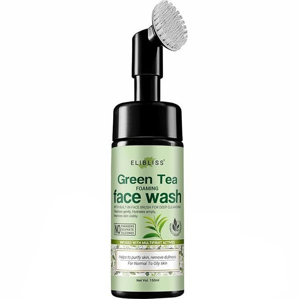 Elibliss Green Tea Skin Brightening Foaming Face Wash with Built-In Face Brush - 150 ml