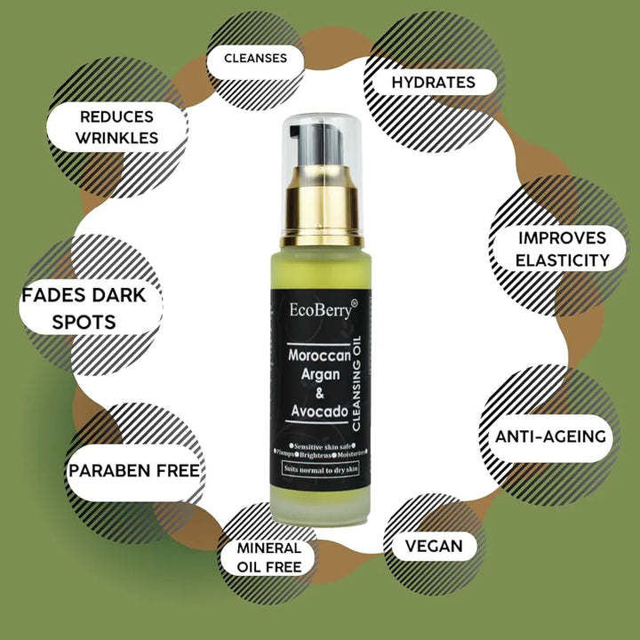 EcoBerry Moroccan Argan & Avocado Cleansing Oil For Oily Skin, Boosts Hydration, Increases Collagen Production, Improves Elasticity, Reduce Wrinkles, Vegan