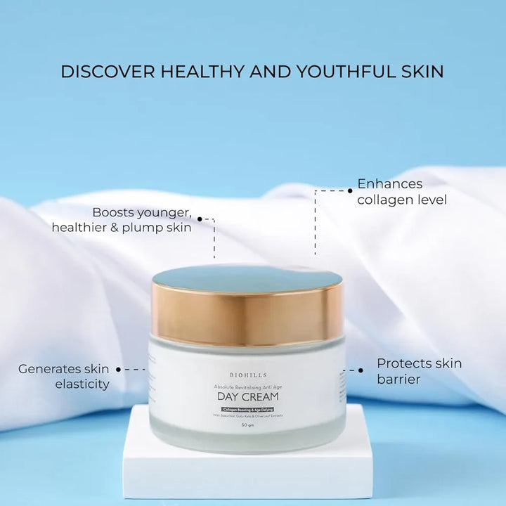 Biohills Absolute Revitalising Anti-Age Day Cream 50gm | Bakuchiol, Niacinamide & Gotu Kola for Anti-Wrinkle & Firming | Olive Leaf, Wheat Germ & Sweet Almond Oil for Deep Hydration & Collagen Boost