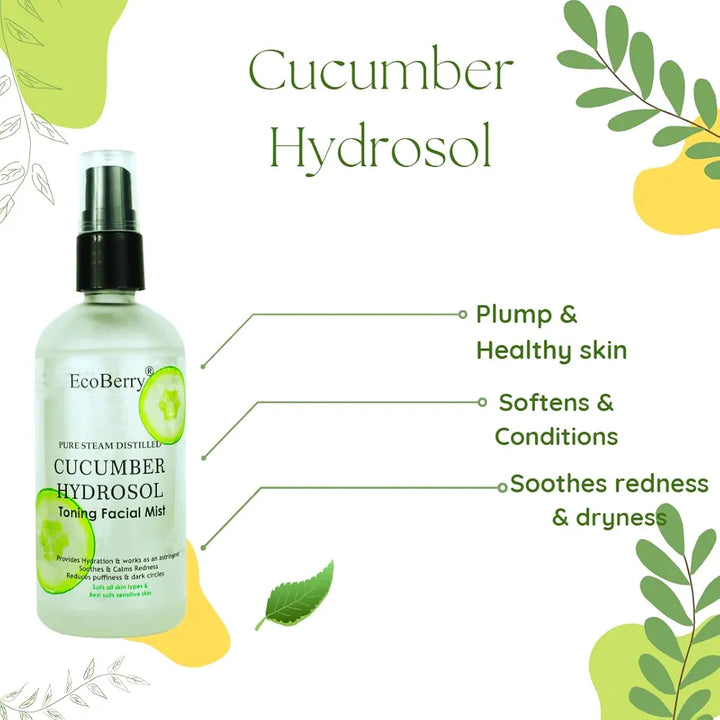 EcoBerry Pure Steam Distilled Cucumber Hydrosol Toning Facial Mist for Hydration, Softens, Soothes Sun burn, Reduces Facial Redness, Suits All Skin Types, Natural, Chemical Free, Paraben Free, Vegan