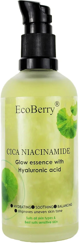 EcoBerry Centella Asiatica  Niacinamide Glow Essence With Hyaluronic Acid, Oil Free Essence, Moisturizer, Anti-Aging, Brightens Skin, Natural & Handmade, Chemical Free, Paraben Free, Vegan