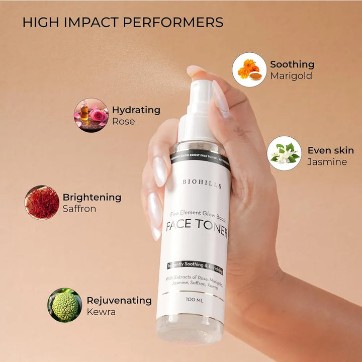 Biohills Five Elements Glow Boost Toner 100ml | Hydrating & Brightening Toner with Rose, Jasmine, Saffron & Marigold | Refreshing & Soothing for Radiant, Even-Toned Skin