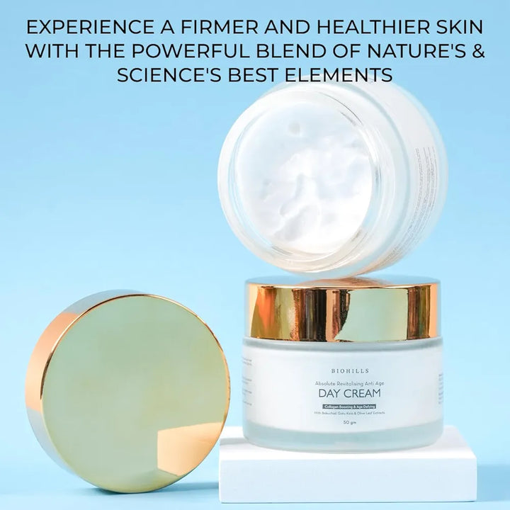 Biohills Absolute Revitalising Anti-Age Day Cream 50gm | Bakuchiol, Niacinamide & Gotu Kola for Anti-Wrinkle & Firming | Olive Leaf, Wheat Germ & Sweet Almond Oil for Deep Hydration & Collagen Boost