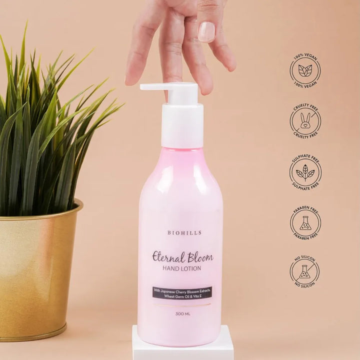 Biohills Eternal Bloom Hand Lotion | Enriched With Japanese Cherry Blossom Extract & Vitamin E | Ideal For Dry & Rough Hands | Intense Mositurising, Non-Greasy & Deeply Nourished | 300ml