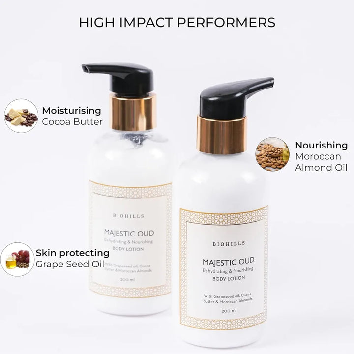 Biohills Majestic Oudh Body Milk - 200ml | Luxurious Fragrance, Non-Greasy Formula, Deeply Moisturizing | Enriched with Cocoa Butter, Grapeseed Oil & Moroccan Almond Oil For Long Lasting Hydration