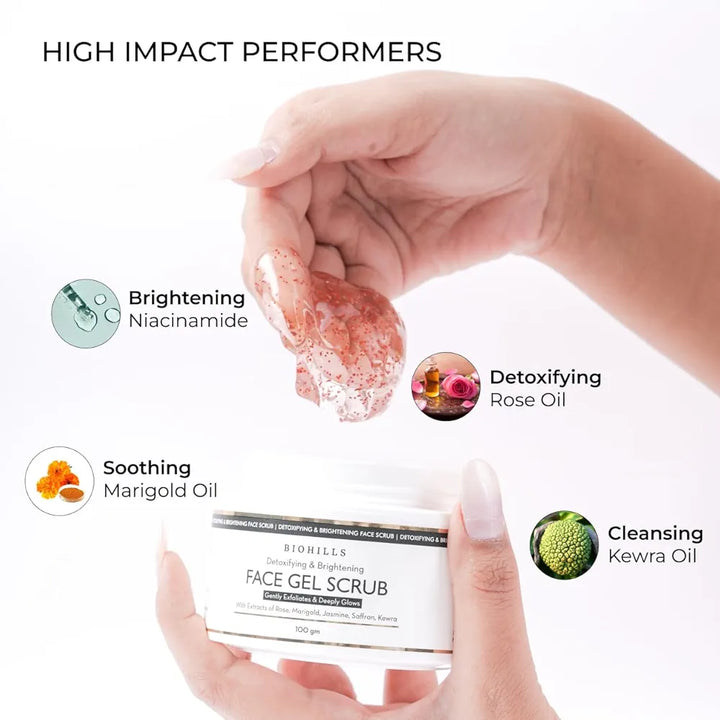 Biohills Skin Detoxing & Brightening Face Scrub | Rose & Jasmine for Hydration | Saffron, Marigold & Niacinamide for Even Tone & Anti-Aging | Hyaluronic & Alpha Arbutin for Skin Clarity 