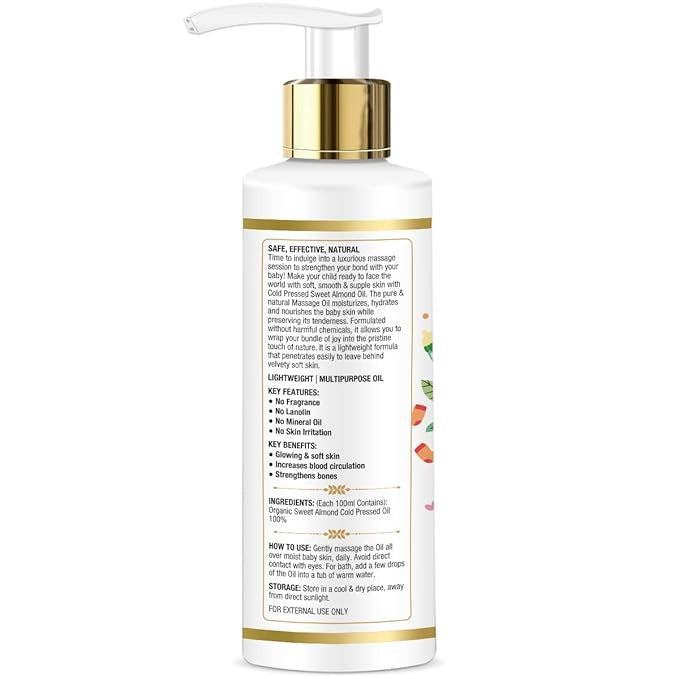 Mom & World Baby Massage Pure Organic Sweet Almond Oil Cold Pressed - 200 ml