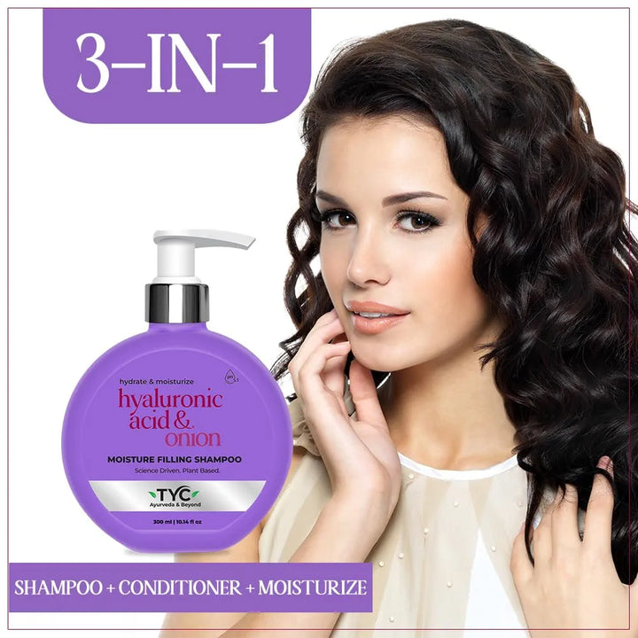 TYC - TRUST YOUR CHOICE Ayurvedic Moisture Filling Shampoo For Dry, Damaged Frizzy Curly Hair | Hyaluronic Acid And Onion | Sulphate And Paraben Free | 3-In-1 Shampoo With Conditioner | 300 Ml