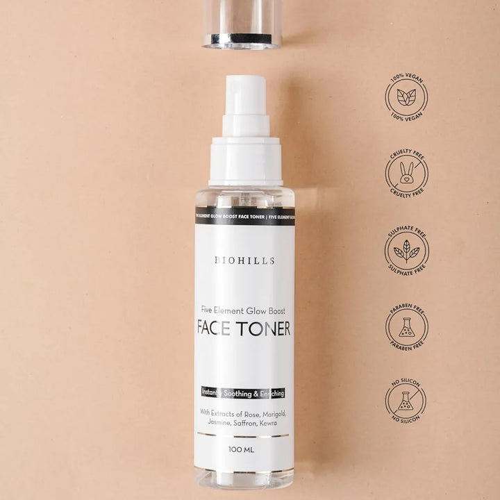Biohills Five Elements Glow Boost Toner 100ml | Hydrating & Brightening Toner with Rose, Jasmine, Saffron & Marigold | Refreshing & Soothing for Radiant, Even-Toned Skin