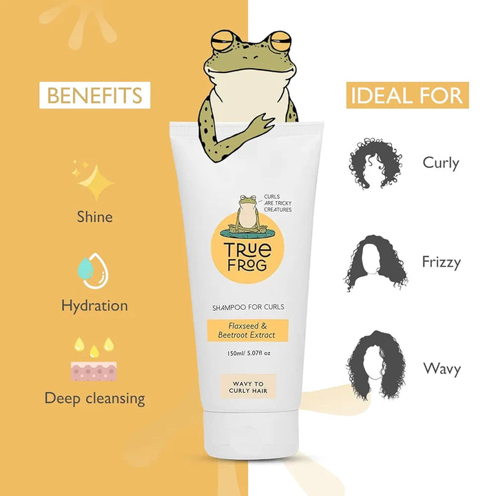 TRue FRoG Shampoo For Curly, Wavy, Dry and Frizzy Hair With Flaxseed and Beetroot Extract For Cleansing, Moisturizes And Adds Shine To Hair For Women & Men, Sulphate and Paraben Free - 150 ml