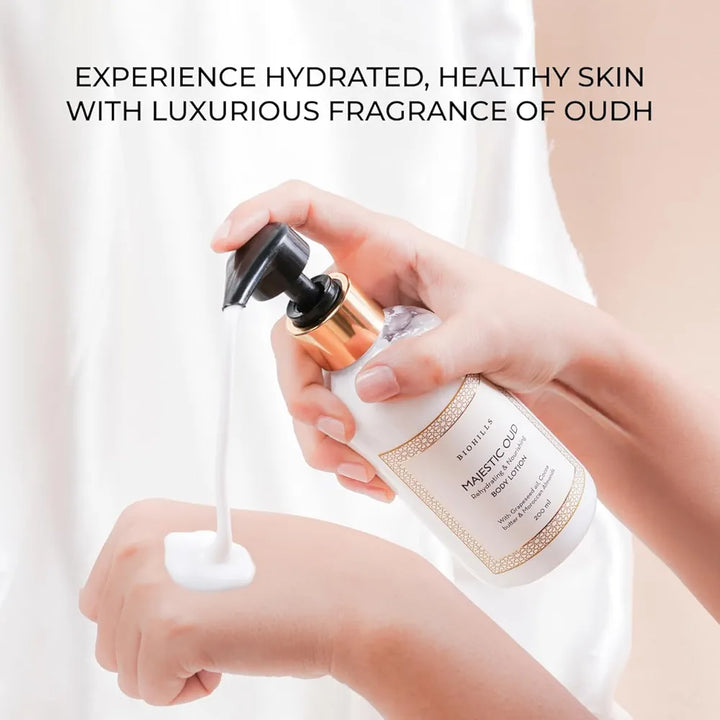 Biohills Majestic Oudh Body Milk - 200ml | Luxurious Fragrance, Non-Greasy Formula, Deeply Moisturizing | Enriched with Cocoa Butter, Grapeseed Oil & Moroccan Almond Oil For Long Lasting Hydration
