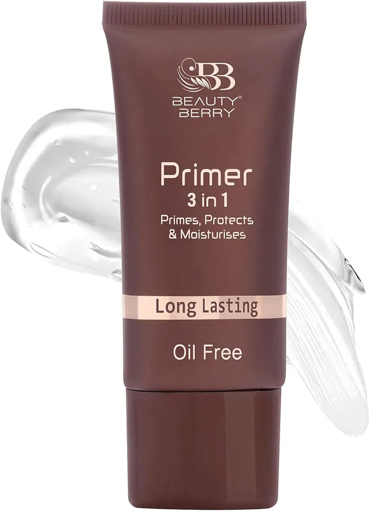Beauty Berry 3 in 1 Primer – Transparent, 30ml | Makeup Primer for Poreless, Smooth & Long Lasting Makeup | Oil Free, Moisturizing and Lightweight Primer for Face Makeup
