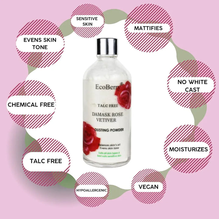 EcoBerry Damask Rose Vetiver Dusting Powder,Chemical &Talc Free,Hypoallergenic,Organic Certified Ingredients,No Whitish Cast, Mattify,Non-Comedogenic, Sensitive Skin,100% Natural & Handmade,Vegan 50g
