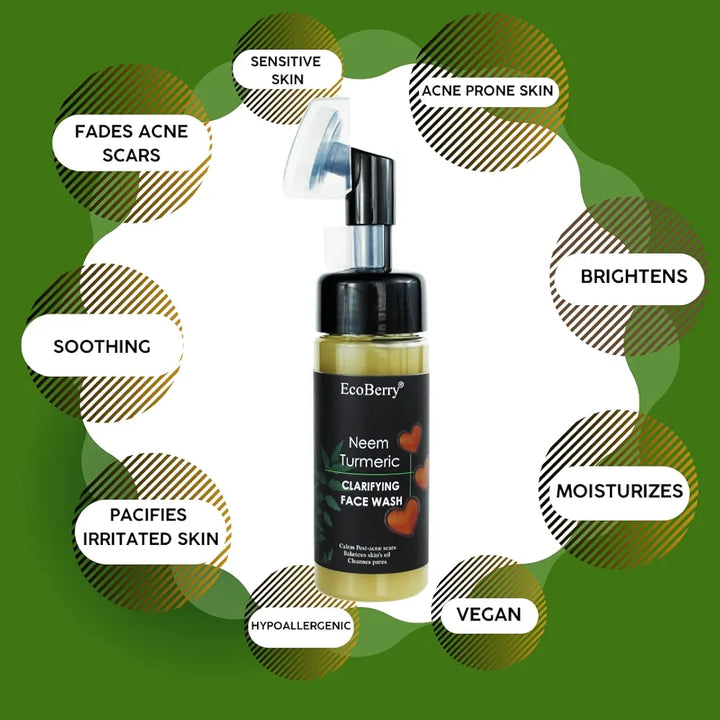 EcoBerry Neem Turmeric Clarifying Face Wash Oily, Acne Prone, Glowing Skin, Cleanses Pores, Moisturises, Reduces Acne Scars, Suits All Skin Types, Sulfate Free, Paraben Free, Vegan, 150ml
