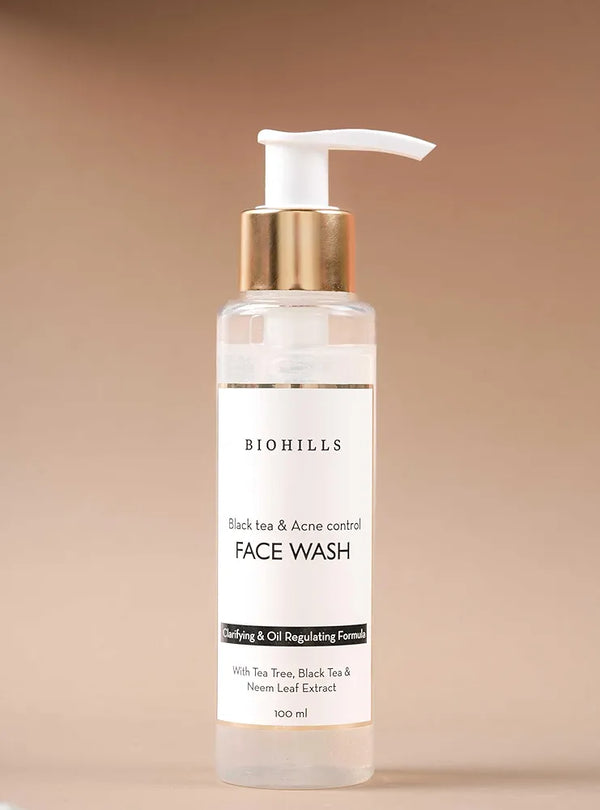 Biohills Black Tea Acne Control Face Wash | 100ml | Cleanser For Acne Prone Skin with Salicylic Acid | Unclog Pores and Prevent Pimples | Exfoliates Skin with Neem Extract | Glowing and Hydrating Skin