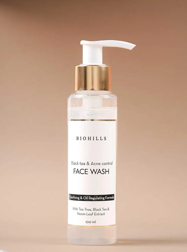 Biohills Black Tea Acne Control Face Wash | 100ml | Cleanser For Acne Prone Skin with Salicylic Acid | Unclog Pores and Prevent Pimples | Exfoliates Skin with Neem Extract | Glowing and Hydrating Skin