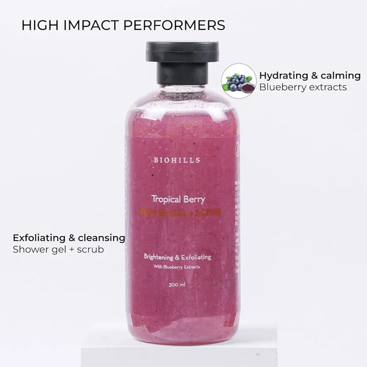 Biohills Tropical berry Shower Gel + Scrub | Nourishing Body Wash For Women & Men | 300ml | 2-in-1 Exfoliating & Hydrating Formula | Blueberry Extract For Soothing Skin | Luxurious Fragrance & Deep Cleansing