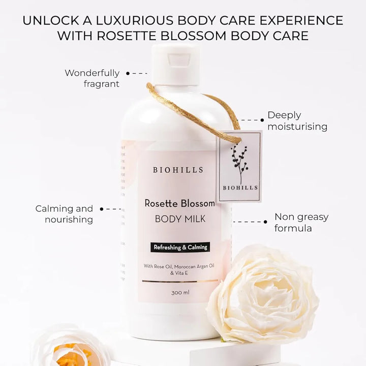 Biohills Rosette Blossom Body Milk | 300ml | Luxurious Fragrance, Non-Greasy, Deeply Moisturizing | Enriched with Wheat Germ Oil, Rose Oil & Moroccan Argan Oil | Infused with Vitamin E & Kokum Butter