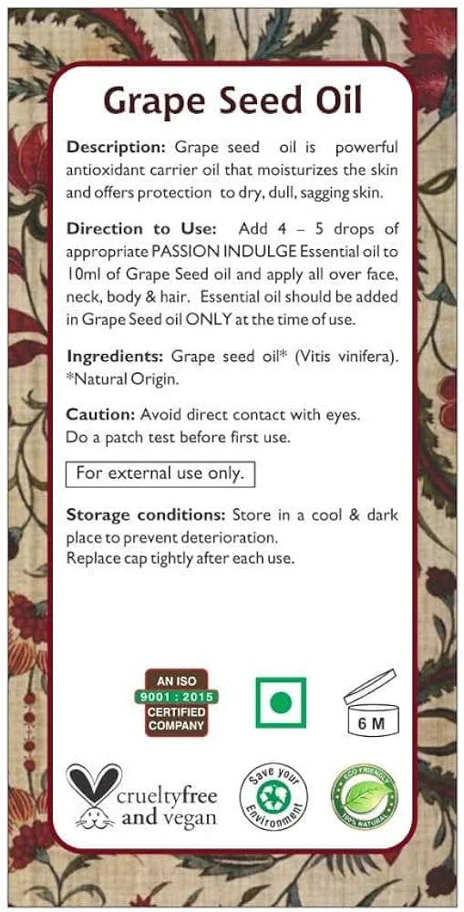 Passion Indulge Natural Grape Seed Carrier Oil for Skin, Face | Dark Circles | Natural Oil | No Additive No Fragrance | Organic Certified Carrier Oil, 60 ml