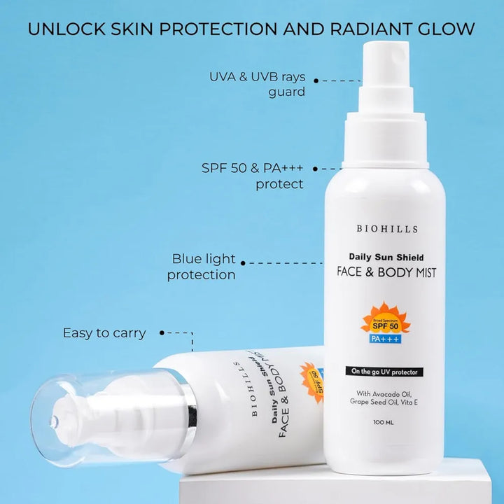 Biohills Daily Sun Shield Face & Body Mist SPF 50 PA+++ | Avocado Oil & Grape Seed Oil for Nourishing Hydration | Niacinamide, Vitamin E & Aloe Vera for Sun Protection & Skin Repair