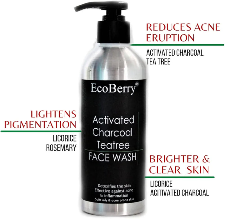 EcoBerry Activated Charcoal Teatree Face Wash | For Acne Prone, Oily Skin, Detoxifies Skin, Organic, Non Comedogenic, Paraben Free, Chemical Free, Cruelty Free, Mineral Oil Free, Preservative Free, Vegan