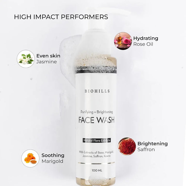 Biohills Skin Brightening Face Wash Cleanser 100ml | Saffron & Marigold for Radiance & Even Skin Tone | Rose & Jasmine for Hydration & Soothing Aroma | Kewra for Refreshing Balance