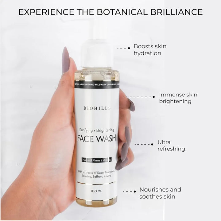 Biohills Skin Brightening Face Wash Cleanser 100ml | Saffron & Marigold for Radiance & Even Skin Tone | Rose & Jasmine for Hydration & Soothing Aroma | Kewra for Refreshing Balance