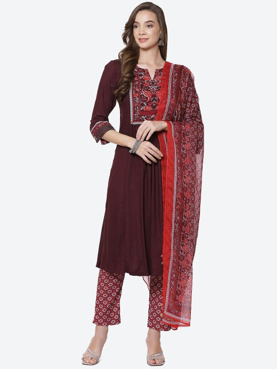 Biba Women Burgundy Yoke Design Panelled Kura with Trousers & Dupatta