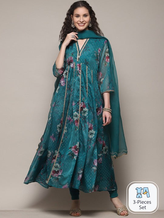 Biba Floral Printed A Line Kurta With Churidar & Dupatta