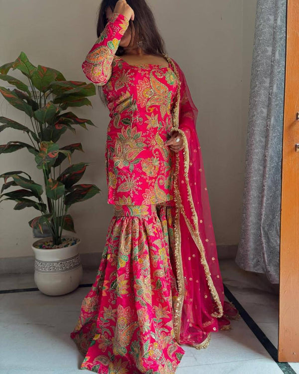 Vibrant Pink Paisley Sharara Set with Golden Mirror Work Dupatta