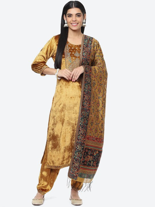 Biba Women Ethnic Motifs Embroidered Beads and Stones Velvet Kurta with Trousers & Dupatta